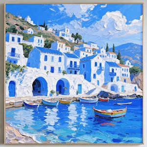 Original Greek Island Oil Painting Texture Blue White Coastal Landscape Wall Art Santorini Art Decor Mediterranean Seaside Impasto Canvas