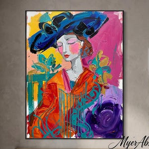 Retrato de moda expresivo pintado al óleo con bloques de color llamativos, lienzo elegante inspirado en boutiques para interiores de coleccionistas eclécticos.