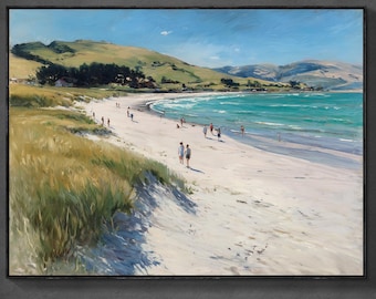 Original Hand-Painted Beach Scene Oil Painting on Canvas, Coastal Landscape with People, Ocean Shore Wall Art, Seaside Decor for Living Room