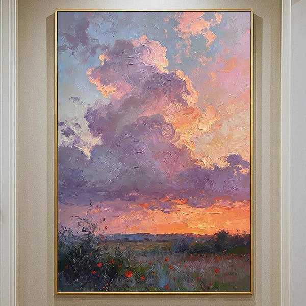Pintura al óleo original pintada a mano, gran cielo al atardecer en tonos pastel con nubes dramáticas, arte mural, decoración de paisaje texturizado.