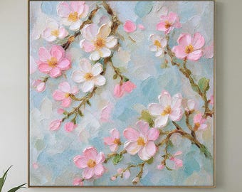 Textured Cherry Blossom Oil Painting: Handmade Floral Canvas Wall Art