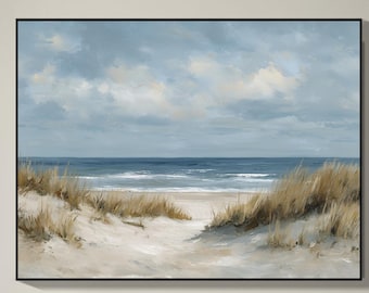 Original Hand Painted Coastal Beach Path Oil Painting on Canvas,Hand Painted Seascape Wall Art for Living Room,Ocean Dune Landscape Artwork