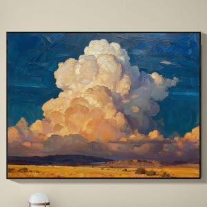 Peut inclure: Une impression d'art mural rectangulaire représentant une peinture à l'huile d'un grand nuage cumulus volumineux éclairé par une lumière dorée sur un ciel bleu profond, surplombant un paysage aride avec des collines sombres et des champs dorés.