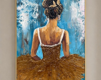 Pintura al óleo original de bailarina con vestido dorado, lienzo texturizado grande, figura femenina pintada a mano para una elegante decoración del hogar.
