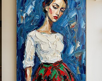 Original Impasto Woman Portrait Oil Painting – Bold Textured Modern Figurative Wall Art in Blue, White and Red Tones on Canvas Decor