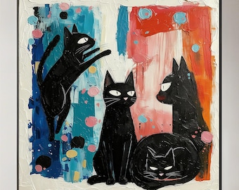 Pintura al óleo original de un gato negro sobre lienzo, gran obra de arte moderna y caprichosa para la pared, obra de arte felina pintada a mano para una decoración del hogar con temática animal.