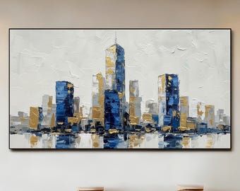 Original Modern Abstract Cityscape Painting, Textured Blue and Gold Skyline Art, Original Urban Wall Art on Canvas for Home or Office Decor