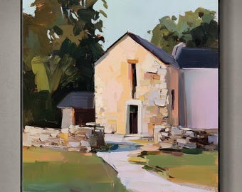 Original Oil Painting Rustic Country Cottage on Canvas, Modern Impressionist Landscape Wall Art for Home Decor
