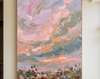 Dipinto a olio astratto originale dipinto a mano, paesaggio celeste pastello con decorazioni di fiori di campo, arte murale in impasto strutturato