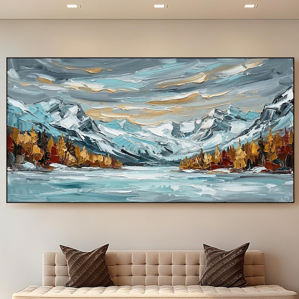 Original Hand Snowy Mountain Lake Painted Oil Painting, Textured Palette Knife Landscape Wall Art, Dramatic Nature Decor for Living Room