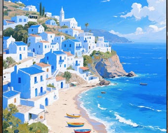 Mediterranean Village Oil Painting: Coastal Greek Island Art