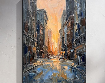 Handgeschilderd abstract stadsstraatolieverfschilderij op doek - origineel kunstwerk van stadsstraten bij zonsondergang - decor modern stadsgezicht