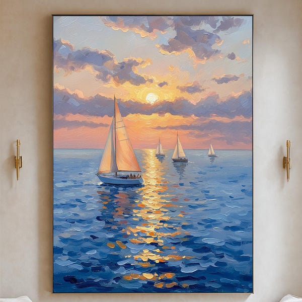 Hand Painted Impressionist Sailboat Sunset Ocean Oil Painting, Original Seascape Wall Art, Coastal Nautical Oil Canvas for Room Decor