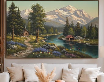 Hand Painted Mountain Lake Cabin Oil Painting: Rustic Farmhouse Wall Art