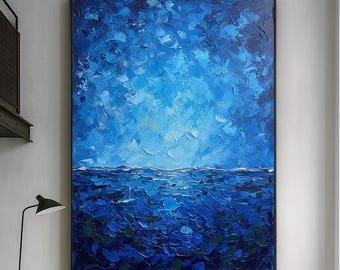 Original Hand-Painted Abstract Ocean Oil Painting,Ocean-Inspired Blue Impasto Wall Art,Modern Large Textured SeascapeMinimalist Wall Decor