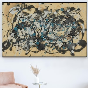 Original Abstract Oil Painting on Canvas Beige Black Blue Drip Art Jackson Pollock Inspired Modern Wall Art Large Hand Painted Artwork Decor