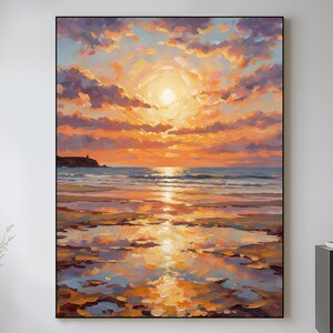 Dipinto a olio originale raffigurante un tramonto dorato sul mare, grande opera d'arte murale costiera realizzata a mano, moderna decorazione ispirata all'oceano con luce calda per il soggiorno.
