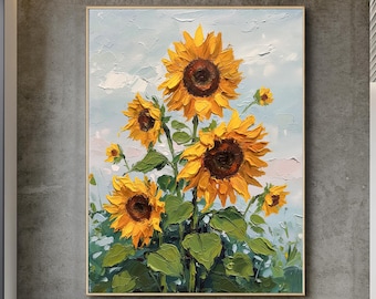 Original Texture Sunflower Oil Painting on Canvas,Bright Yellow Floral Wall Art,Handmade Impasto Bloom Decor,Cheerful Country Nature Artwork