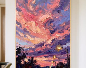 Origineel handgeschilderd olieverfschilderij zonsonderganghemel, expressieve muurkunst cloudscape, getextureerde avondstad landschap canvas