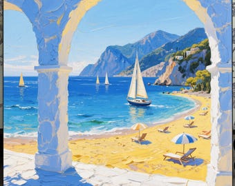 Pintura al óleo de playa mediterránea: lienzo con paisaje marino de velero costero