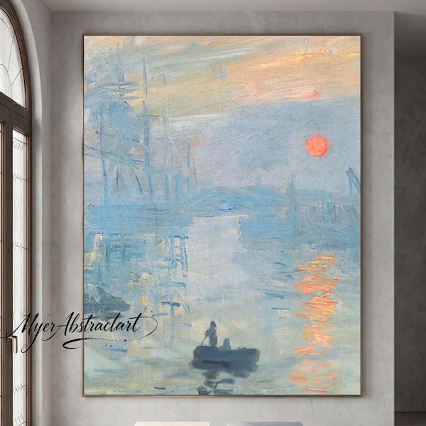 Atmospheric Waterscape Oil Painting, Soft Blue Impressionist Canvas, Misty Sunrise Landscape, Hand Painted Quiet Luxury Wall Art