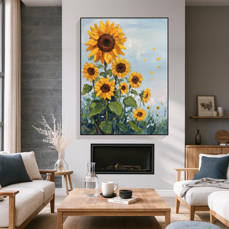 Original Sunflower Oil Painting on Canvas, Textured Yellow Floral Wall ...