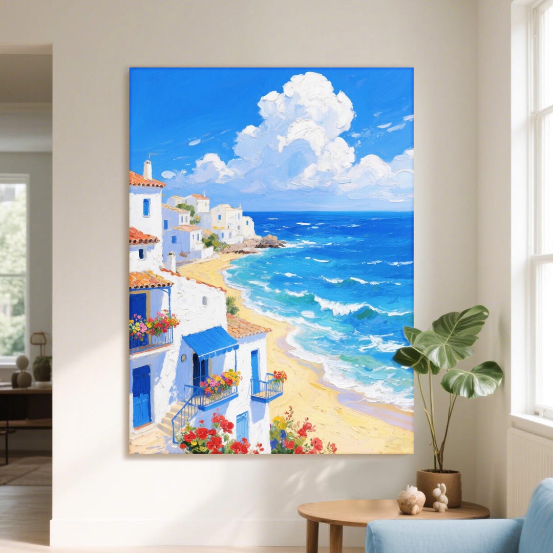 Greek Seaside Canvas Art: Mediterranean Coastal Houses, Ocean View - Etsy