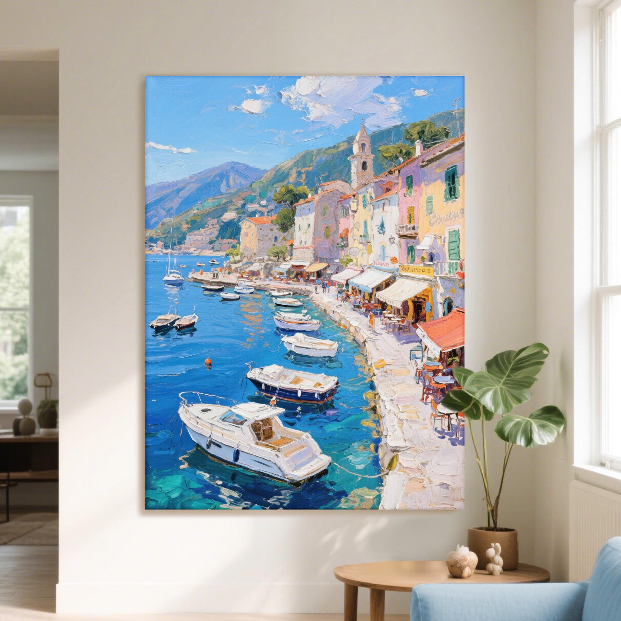 地中海沿岸の町の油絵：海辺のカフェ通り、港の風景 - Etsy 日本