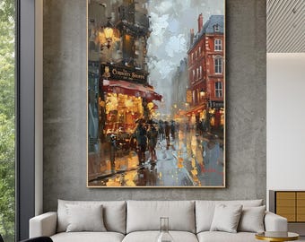 Original Hand Painted Rainy City Street Oil Painting,Large Textured Canvas Wall Art, Romantic European Cafe Night Wall Decor for Living Room