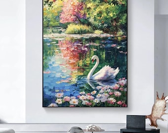 白鳥の湖の油絵：印象派の風景画（9x12） - Etsy 日本