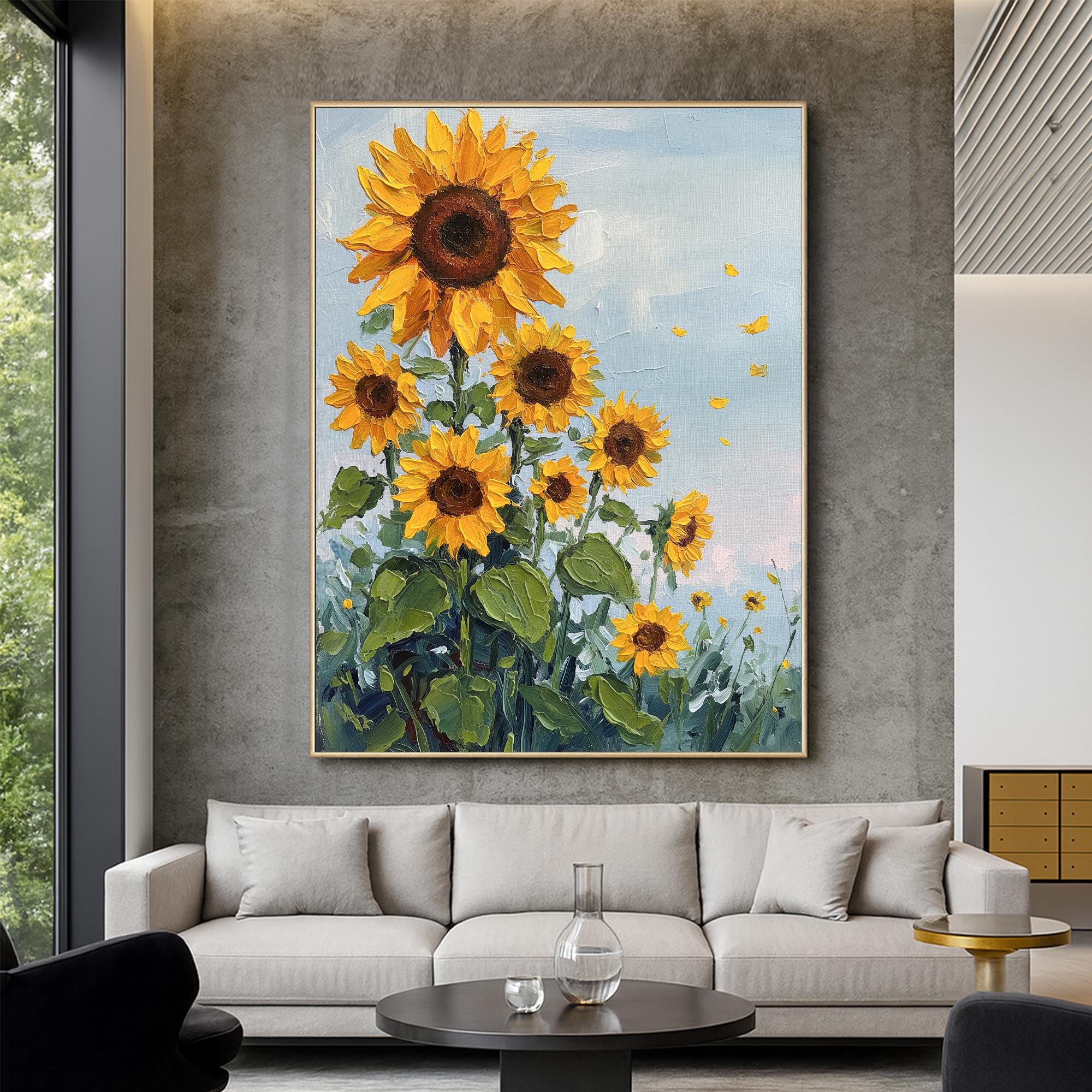 Original Sunflower Oil Painting on Canvas, Textured Yellow Floral Wall ...