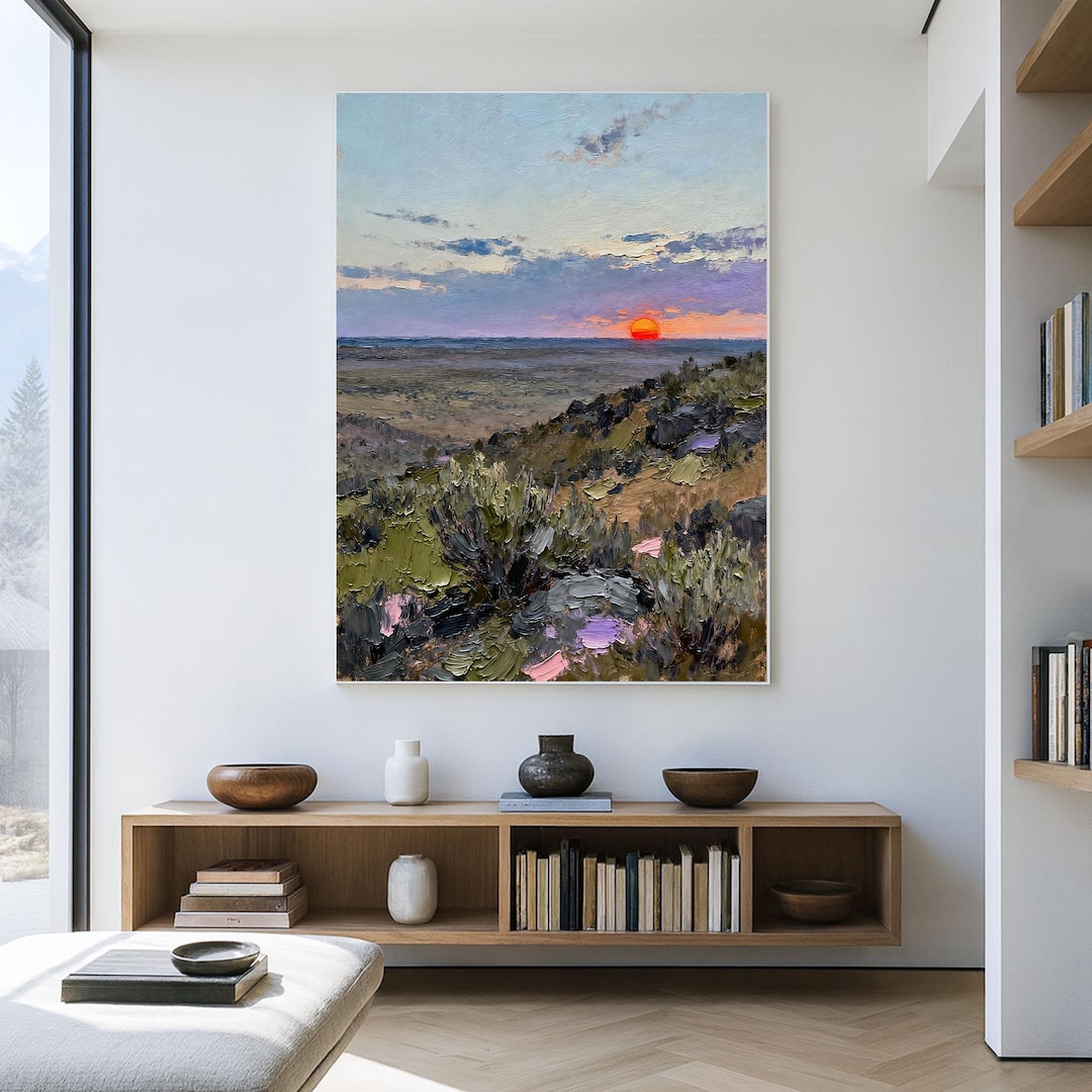 Original Sunset Landscape Oil Painting, Impasto Western Desert Wall Art ...