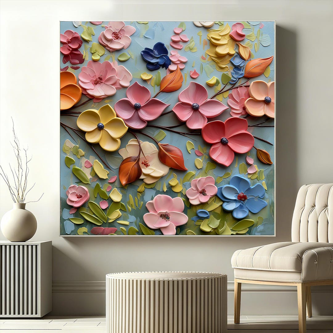 Original Textured Oil Painting on Canvas- Colorful 3D Floral Wall Art ...