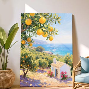 Mediterranean Orange Grove Wall Art–Coastal Cottage–Sunny Orchard Landscape Painting–Summer Farmhouse Decor for Kitchen or Living Room