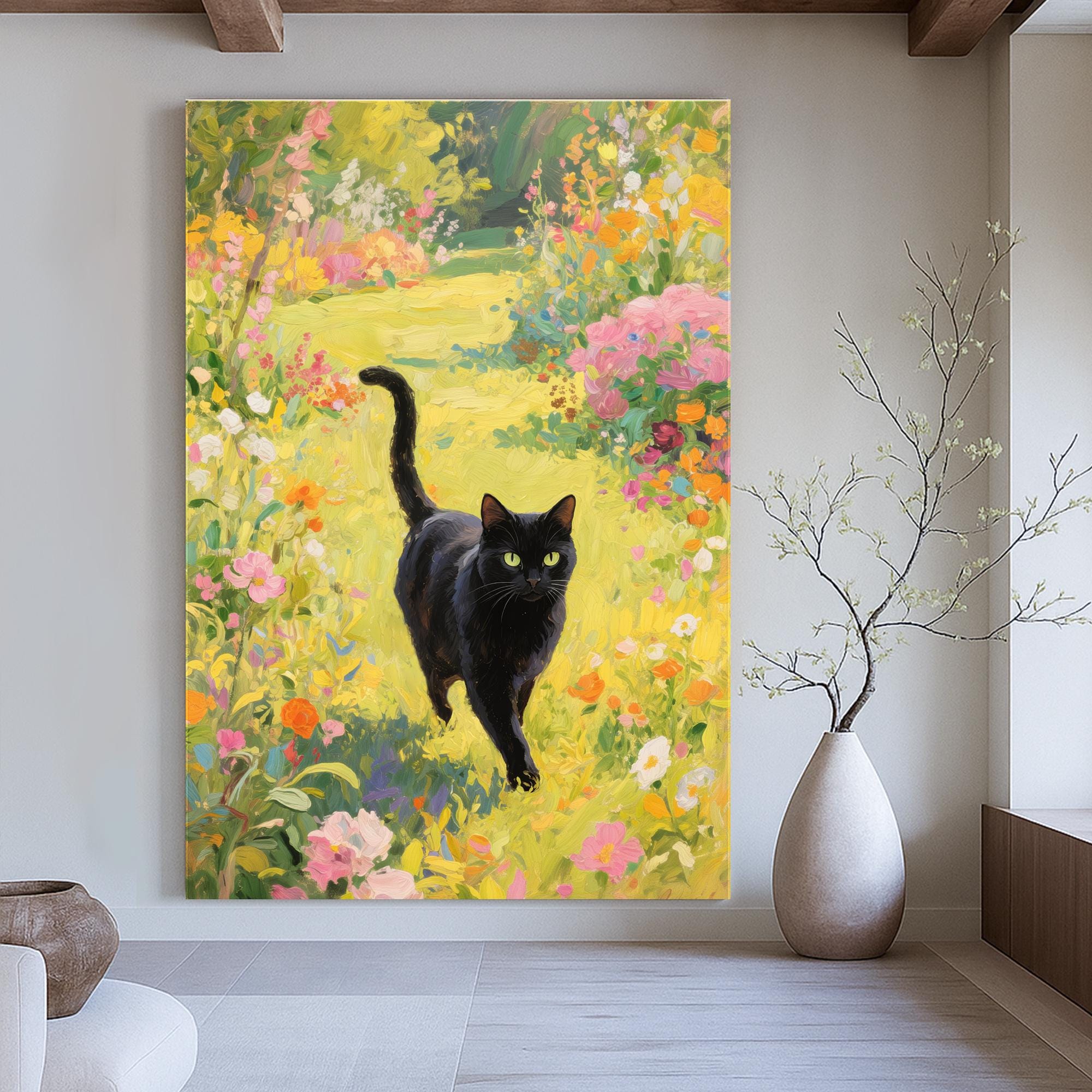 黒猫の油絵：色鮮やかな花の庭の印象派アート - Etsy 日本