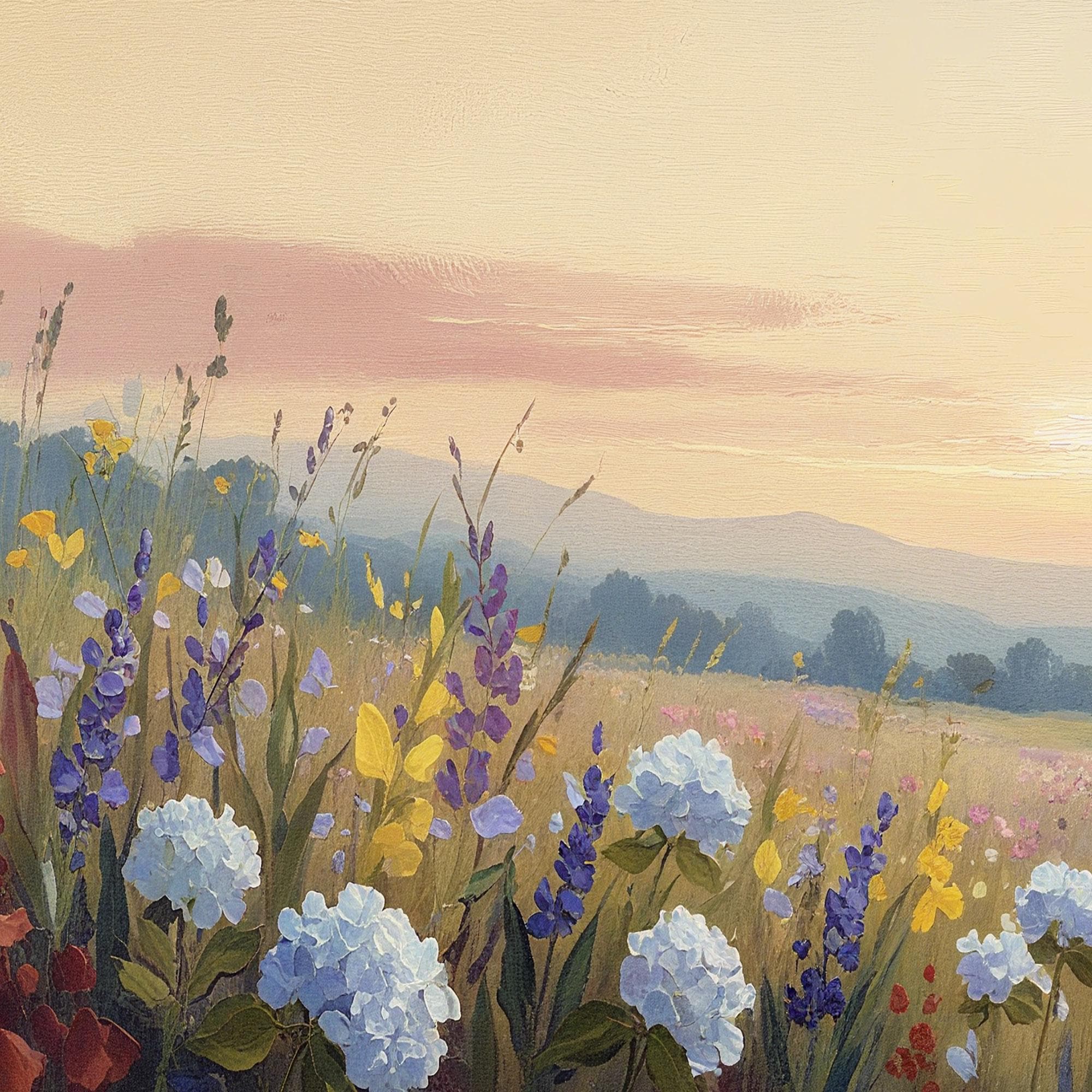 キャンバスに描かれたオリジナルのカラフルな野花の油絵、夕日の光の中