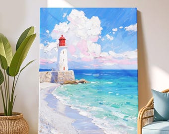 Coastal Lighthouse Painting: Nautical Beach Scene Canvas Art