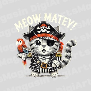以下が含まれることがあります： オウムを抱いた海賊猫の漫画イラスト。猫は、ドクロの海賊帽子、眼帯、白黒のストライプのコートを着ています。「MEOW MATEY！」というテキストが猫の上にあります。