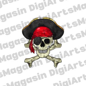 Peut inclure: Illustration détaillée d'une tête de mort de pirate, coiffée d'un chapeau tricorne noir à bordure dorée, d'un bandana rouge et d'un cache-œil. Le crâne est placé sur des os croisés.
