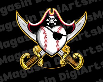 Pirate Baseball Heart Skull PNG Design, Pirate Baseball Skull Hat, Vintage Pirate Theme, Digital Download, Ideal for Custom T-Shirts