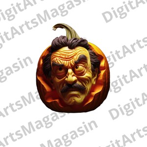 Puede incluir: Una calabaza tallada con la cara detallada de un hombre con bigote y pelo oscuro. La calabaza es naranja con un tallo verde. La cara está intrincadamente tallada, mostrando arrugas y rasgos faciales.