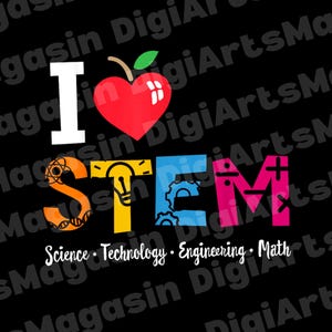 Puede incluir: Gráfico negro con las palabras "I ❤️ STEM" en blanco, naranja, amarillo, azul y rosa. El corazón es rojo con un tallo verde. Debajo, las palabras "Ciencia, Tecnología, Ingeniería, Matemáticas" están escritas en blanco.