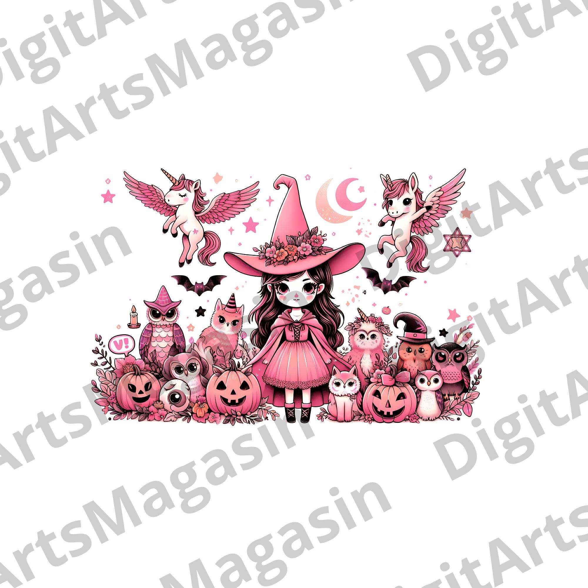 Pink Witch Unicorn Owls Halloween PNG, Magical Girl Digital Download, Retro Witch Costume Graphic, K