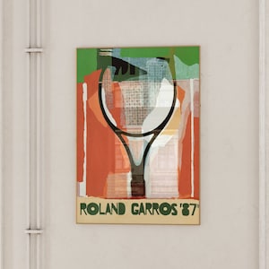 Roland Garros 1987 Vintage Kunstplakat, Tennis-Wandkunst, minimalistisches Design, lebendige und farbenfrohe Sportdruckreproduktion