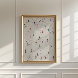 Skiing Slope Print, Skiers Impasto Oil Painting Style Poster, Trendy Ski Print, White Apres Ski Poster, Skiing Poster, Winter Sports Gift