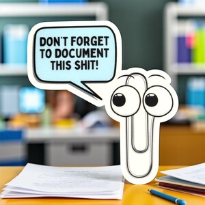 Puede incluir: Un clip de papel novedoso con ojos de dibujos animados y un bocadillo que dice: "¡NO TE OLVIDES DE DOCUMENTAR ESTA MIERDA!" El clip de papel está sobre un escritorio con papeles y un bolígrafo, con un entorno de oficina en el fondo.