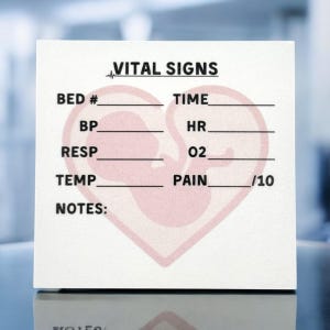 Könnte beinhalten: Eine weiße Karte mit dem Text "VITAL SIGNS" in schwarzer Schrift. Die Karte hat eine rosa Herzform mit einer fetalen Umrandung im Inneren. Die Karte hat Platz zum Aufzeichnen von Vitalzeichen, darunter Bettnummer, Zeit, Blutdruck, Herzfrequenz, Atmung, Sauerstoffsättigung, Temperatur und Schmerzlevel auf einer Skala von 1 bis 10. Die Karte hat auch Platz für Notizen.