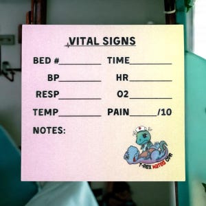 May include: A pink and yellow printable vital signs chart with a cartoon dinosaur wearing a nurse's hat. The chart has spaces to fill in the patient's bed number, time, blood pressure, heart rate, respiration, oxygen saturation, temperature, and pain level on a scale of 1 to 10. The chart also has a space for notes. The text "T-Rex Hates CPR" is printed below the dinosaur.