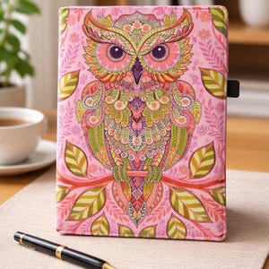 Handmade Tula Pink Hootie Journal Cover - Fabric Notebook Sleeve with Pen Loop & Card Pockets