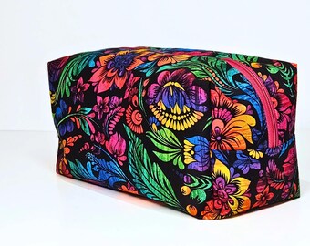 Boxy Zipper Pouch Cosmetic Bag Fabric Makeup Bag Handmade Travel Pouch Toiletry Bag Organizer Gift
